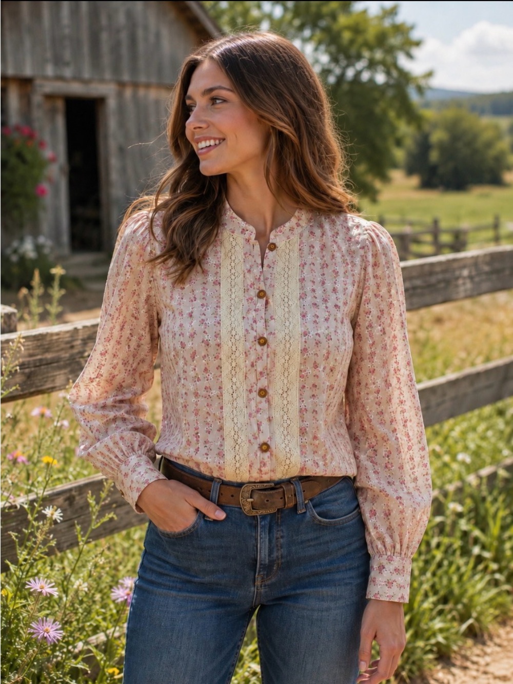 Scully Shirt Long Sleeve Button-up Pink & Cream Floral Crochet Lace 100Cotton L